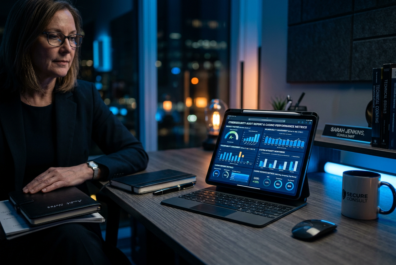 A professional high-tech dashboard showing a casino audit process and security metrics.