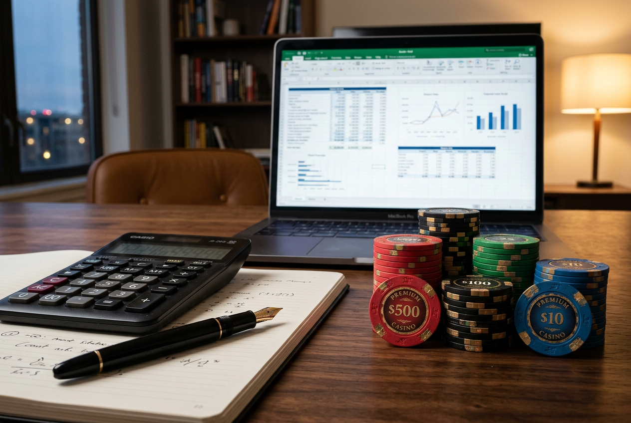 A professional workspace with a calculator and casino chips representing financial planning.