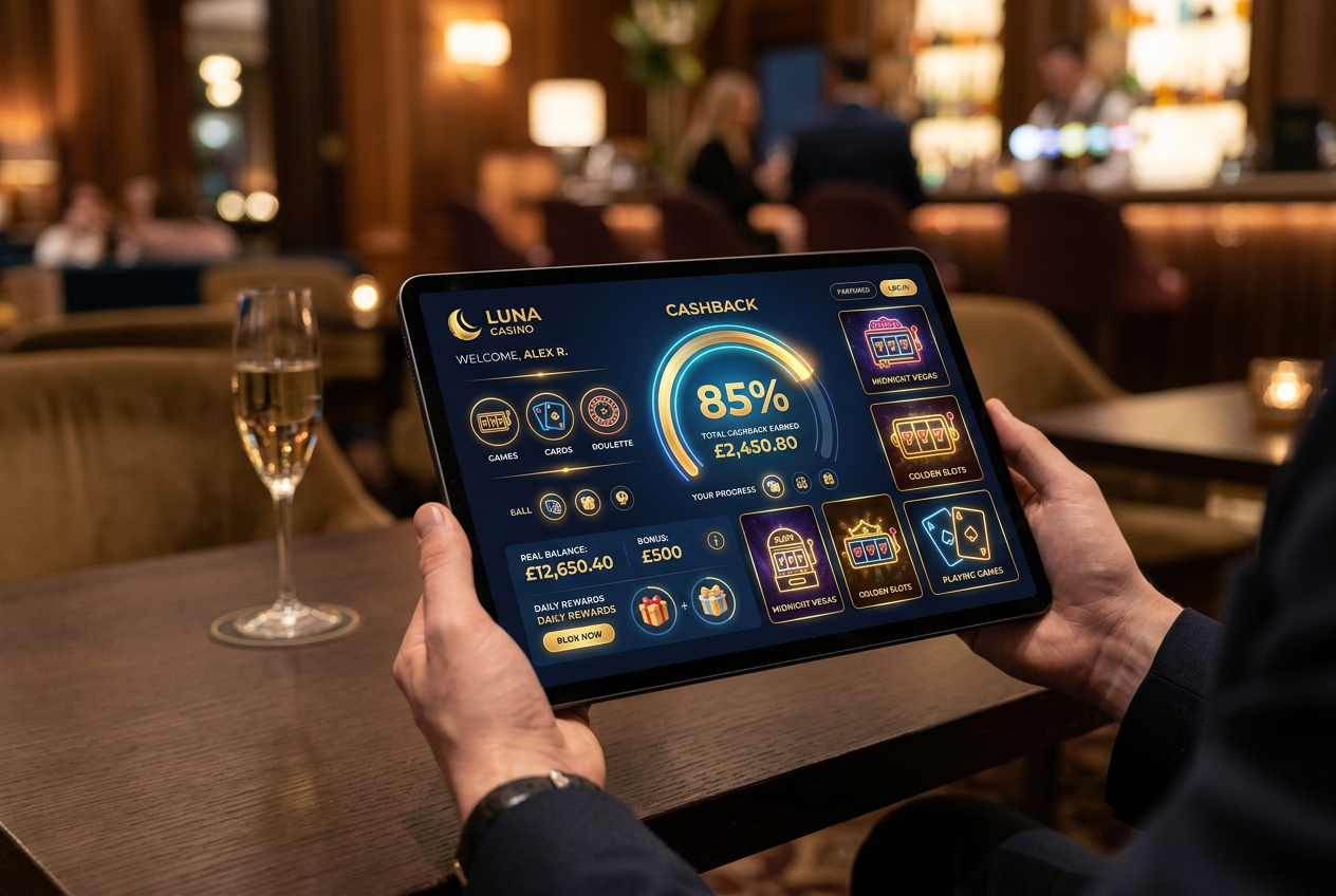 Close-up of a premium digital casino interface showing cashback statistics.