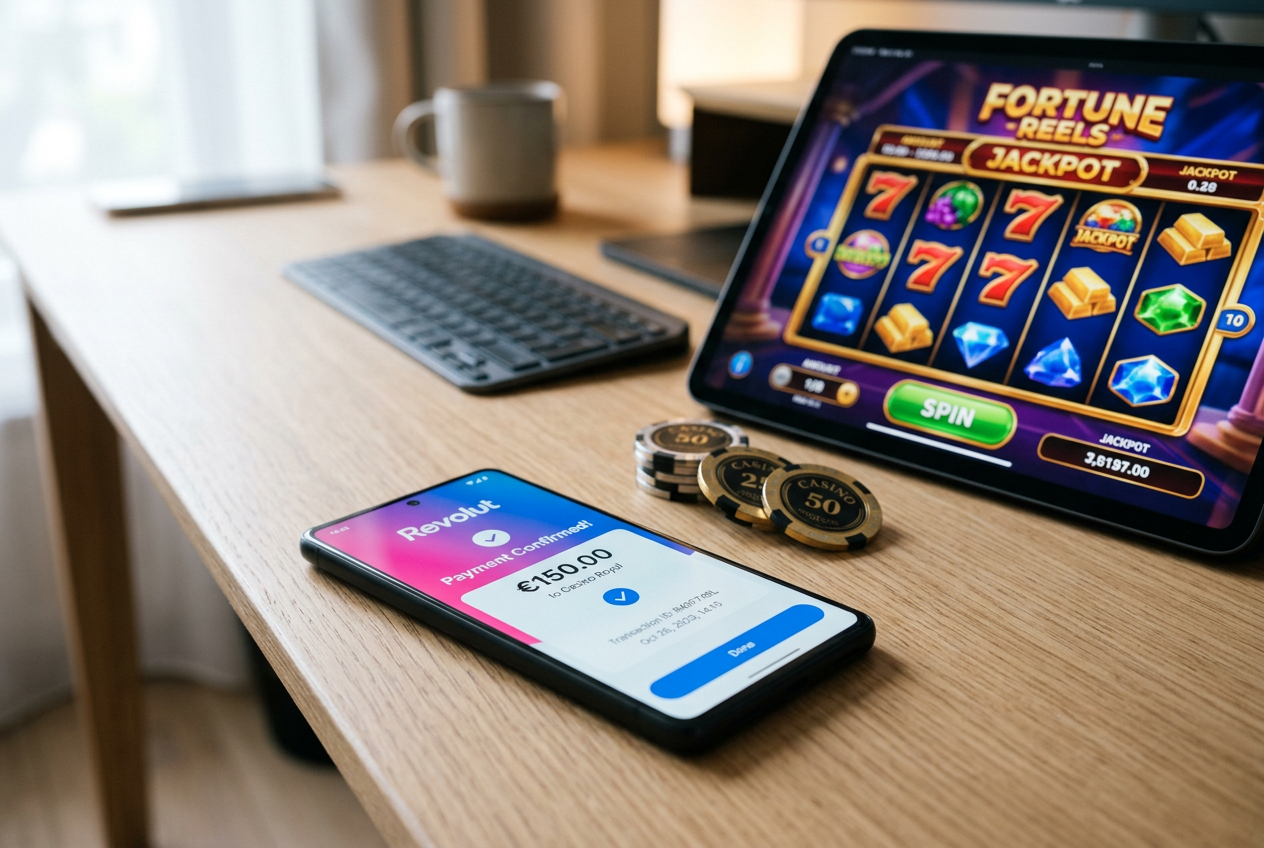 Smartfon z aplikacją Revolut obok grafiki kasyna online