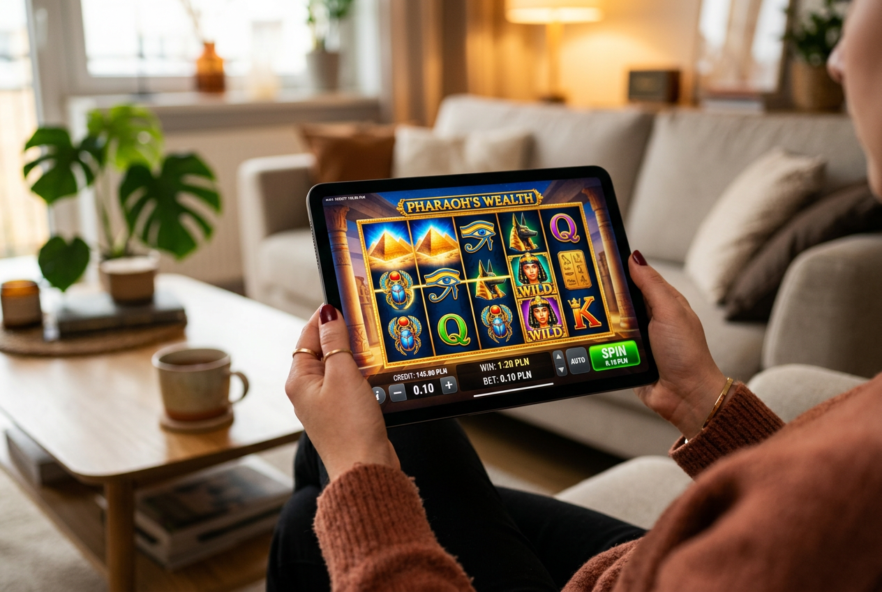 A colorful online slot machine game on a tablet showing a low bet setting