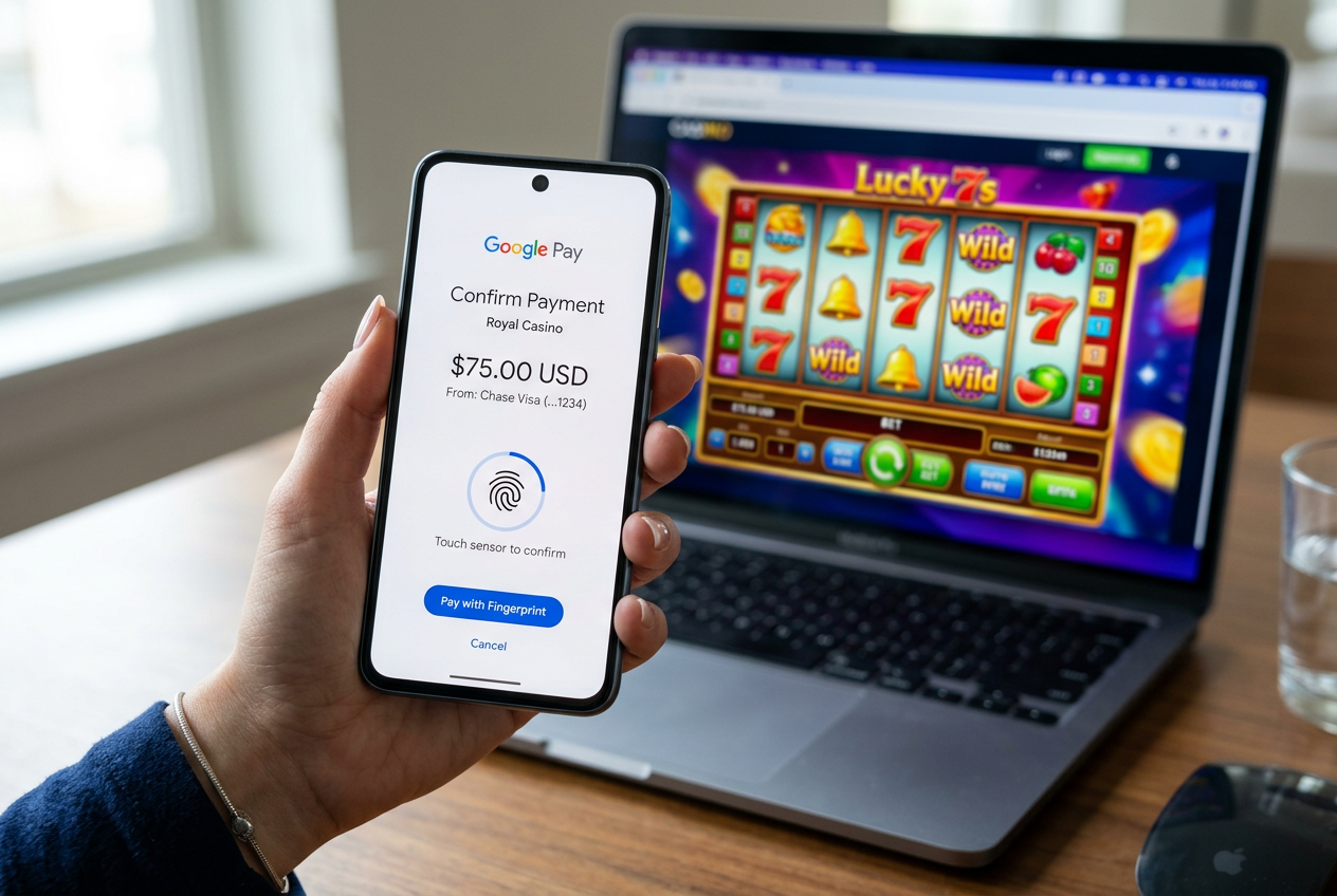Smartphone screen showing a Google Pay biometric authentication for a casino deposit.