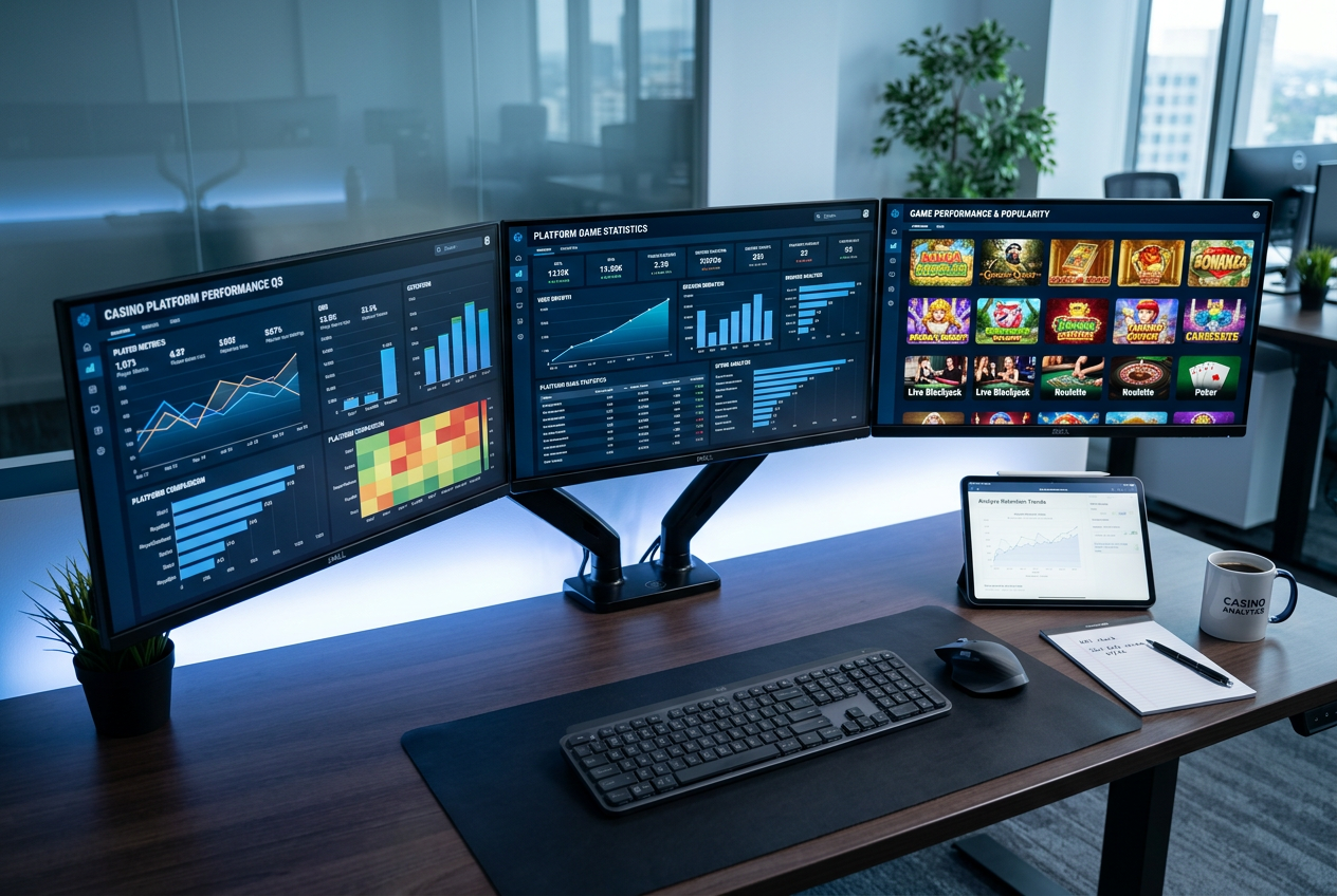 A professional workspace with multiple screens showing data visualizations and casino game icons for comparison.